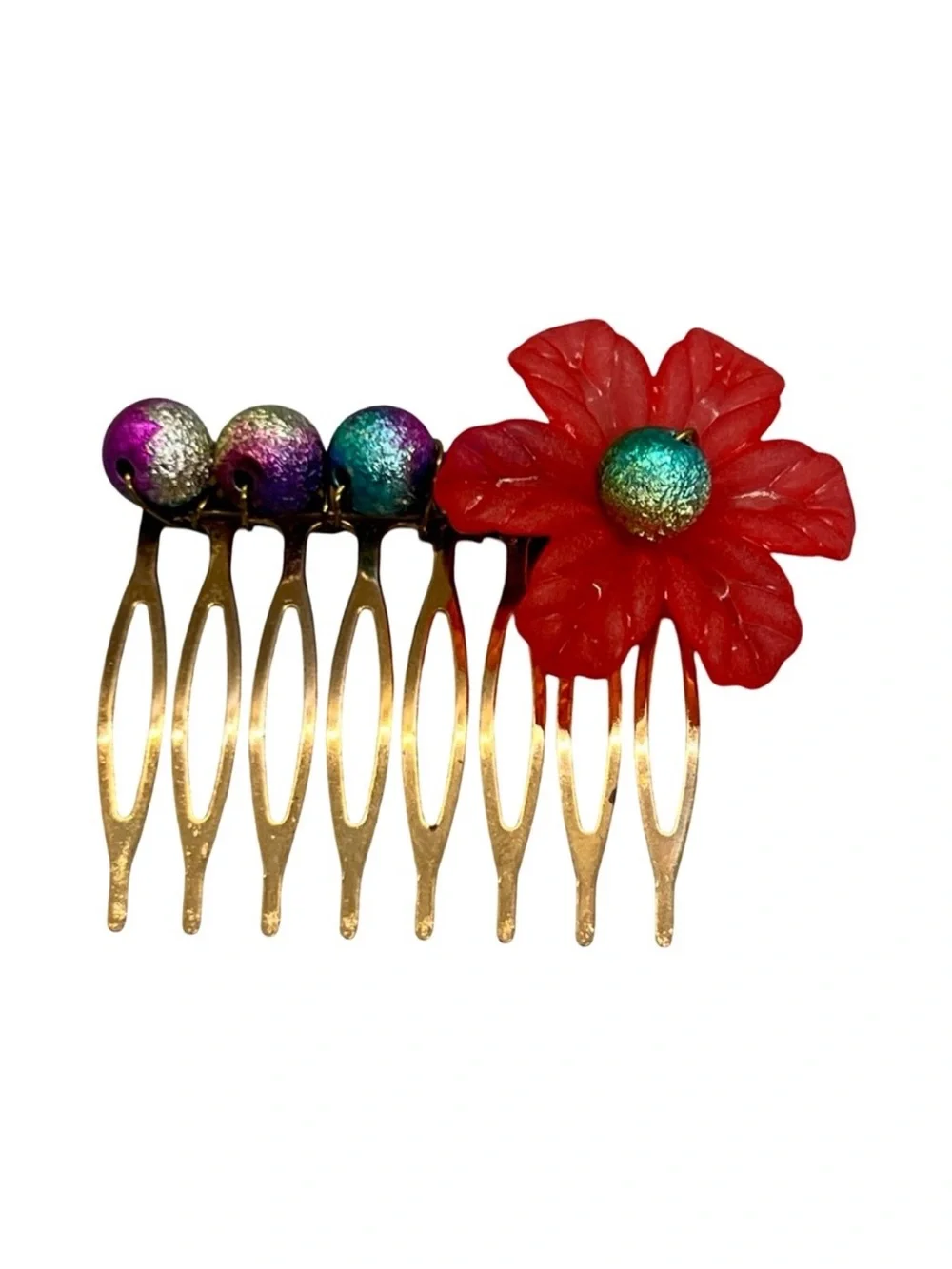 Red Floral Hair Comb with Multicolor Bead Accent FINAL PRICE DROP